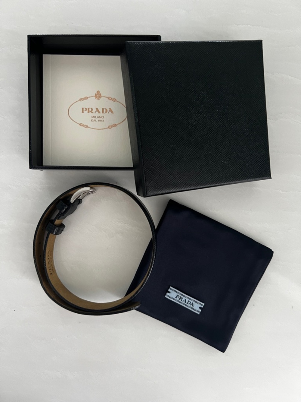 Prada Black Leather Double-Wrap Bracelet with silver Hardware